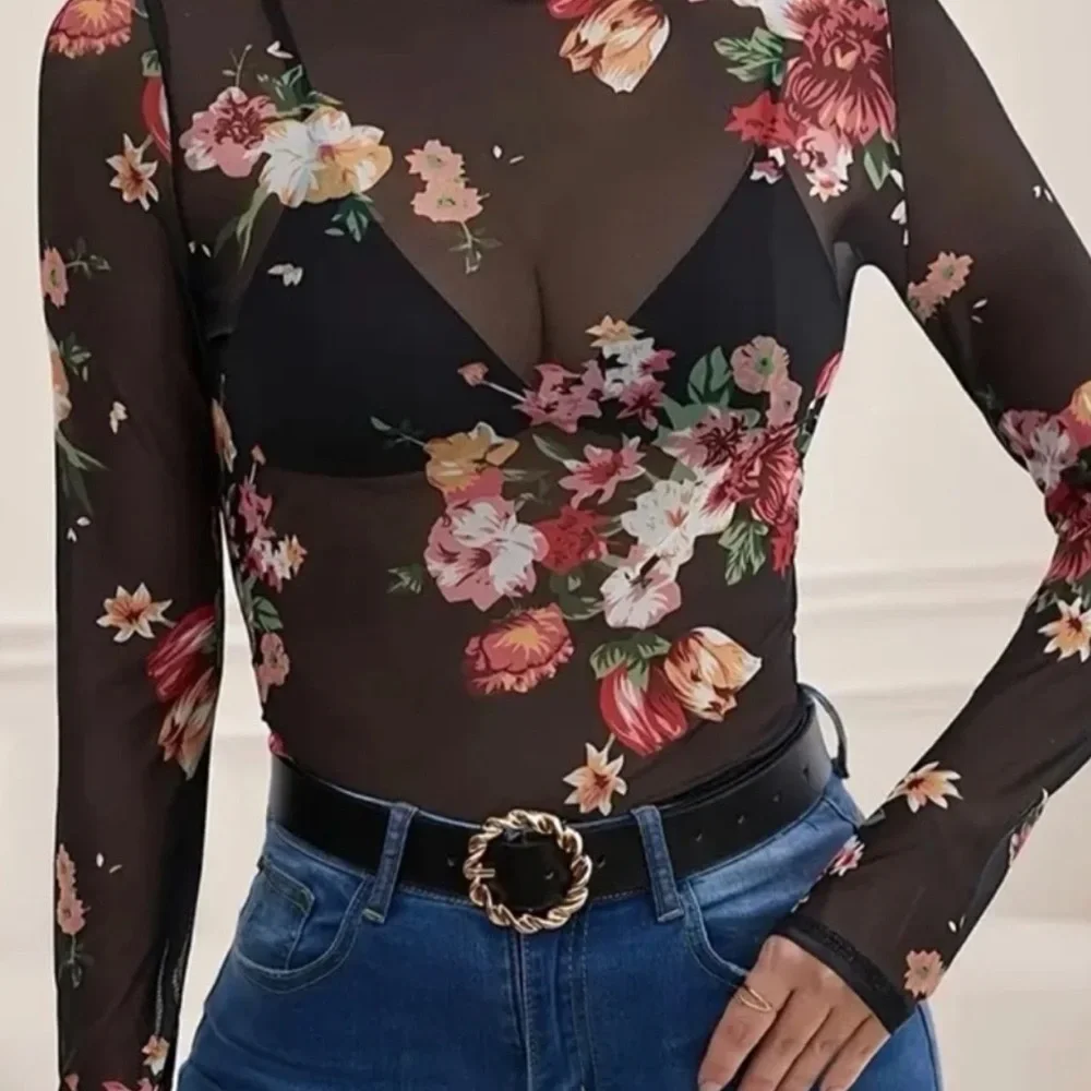 Floral mesh long sleeve top womens - Picture 4 of 8